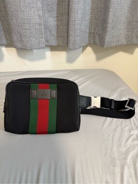 Gucci Black Belt Bag with Signature Green and Red Web